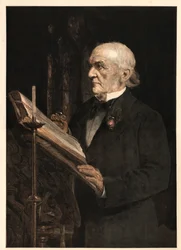 William Ewart Gladstone (1809-1898), englischer Staatsmann, liest die Lektion in der Kirche von Hawarden